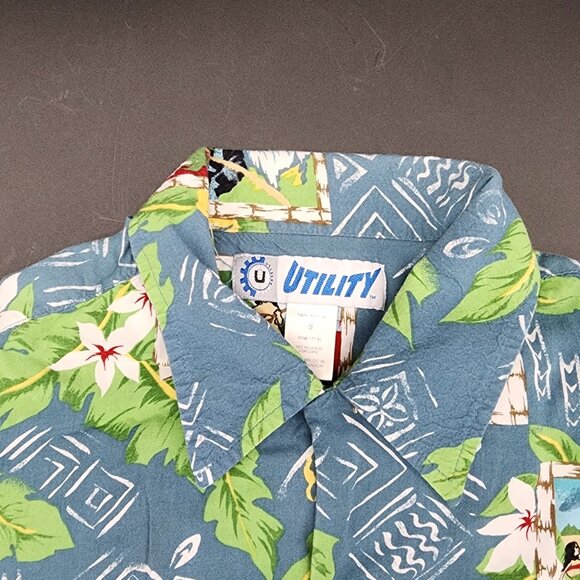 Vintage Utility Hawaiian Shirt Blue With Tropical Print & Beach Scenes Button-Up - Picture 3 of 6
